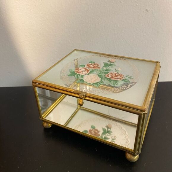 Vintage Glass Brass Trinket/Jewelry Casket Box Retro Regency Mirror Ormolu Fairy - Picture 1 of 11
